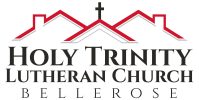 The Holy Trinity Lutheran Church Bellerose Logo depicts those words in black typeset. On top of the name of the church is an outline of 3 pitched rooftops in red. The center rooftop has a black cross at its peak.